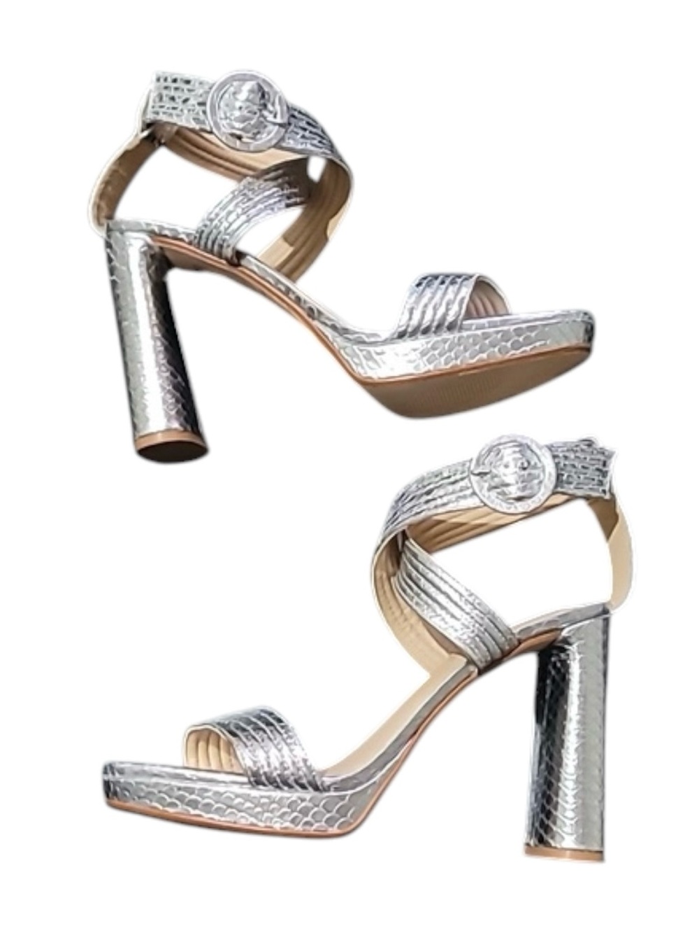 Antonio Melani Metallic Snake Print Buckle Detail Platform Dress Sandals